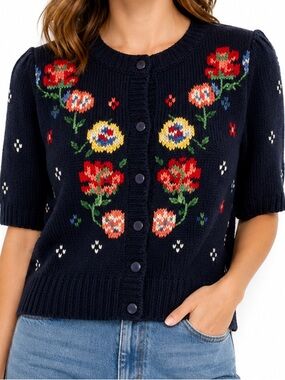 Classic Directions Boho Embroidered Floral Ramie Cotton Knit Cardigan Vinatge